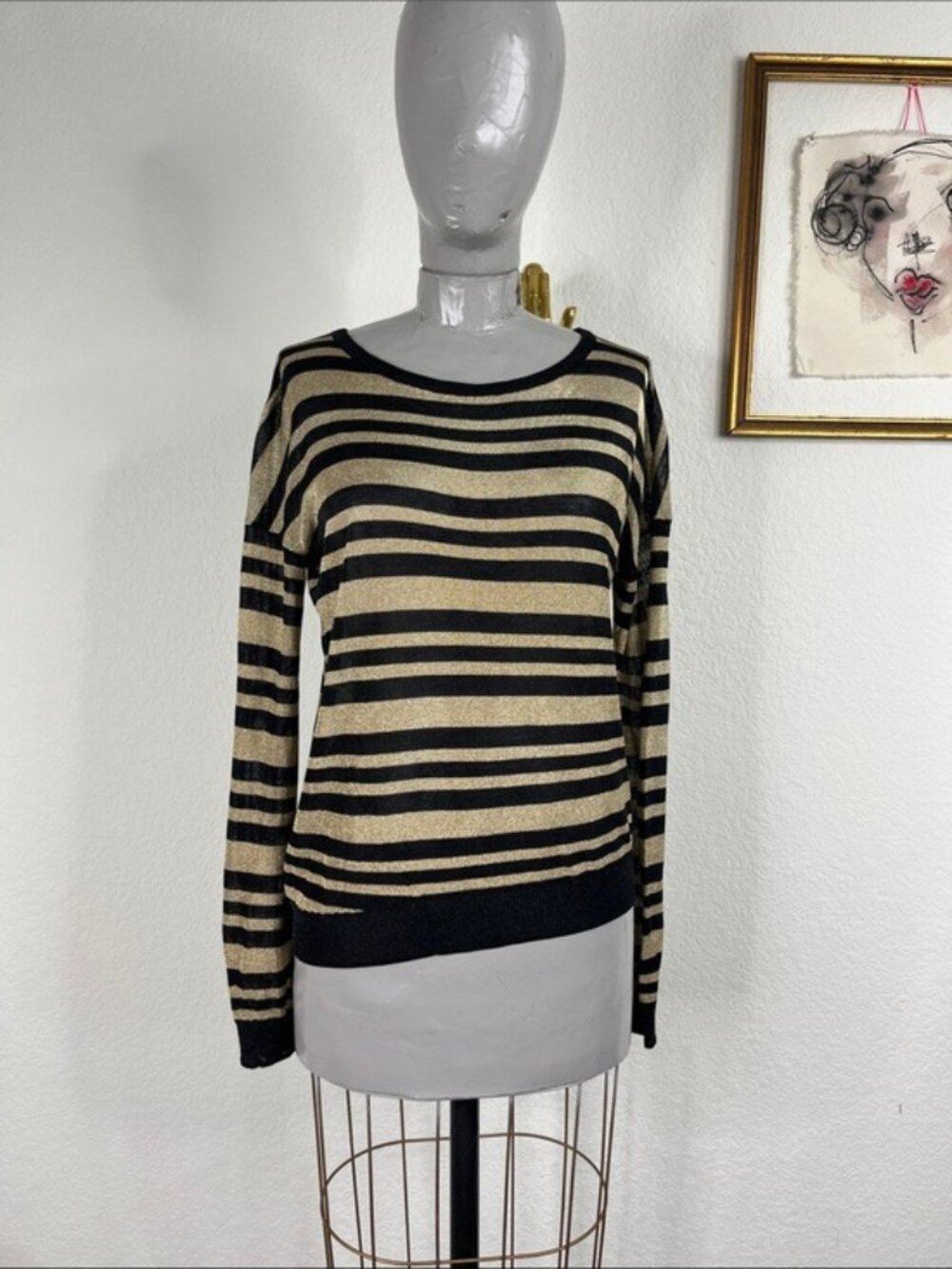 Rag & Bone Black Gold Striped Gansevoort Sweater Drop Sleeve Metallic